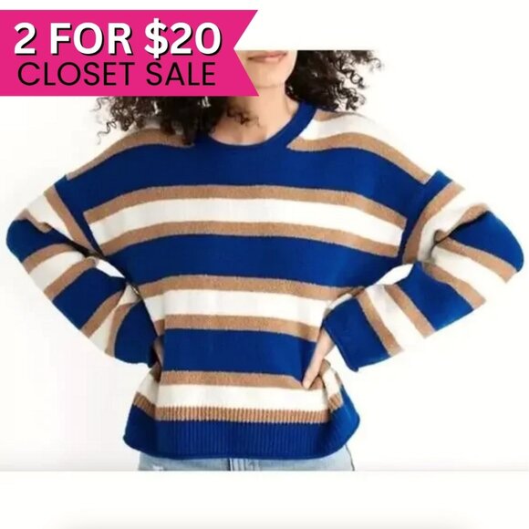 Madewell‎ Womens Blue Merino Wool Sweater Size Small Crewneck Striped Pullover - Picture 1 of 6